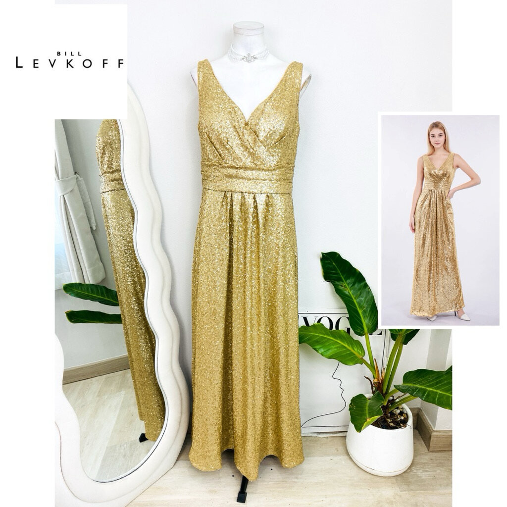 ไซด์ M-XL แบรนด์ Levkoff แท้100% 🌸Maxi dress เดรสยาว งานเกล็ดวิบวับ สีทอง ทรงเข้ารูป เดรสออกงาน ชุดปาร์ตี้