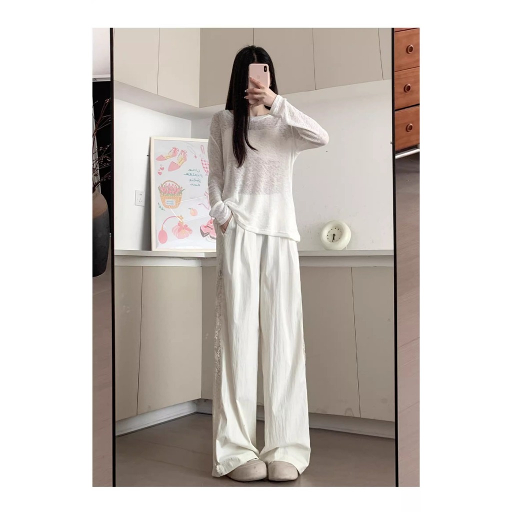 กางเกงวอร์มแถบลูกไม้ กางเกงขายาว สีเบจ รหัส CN200