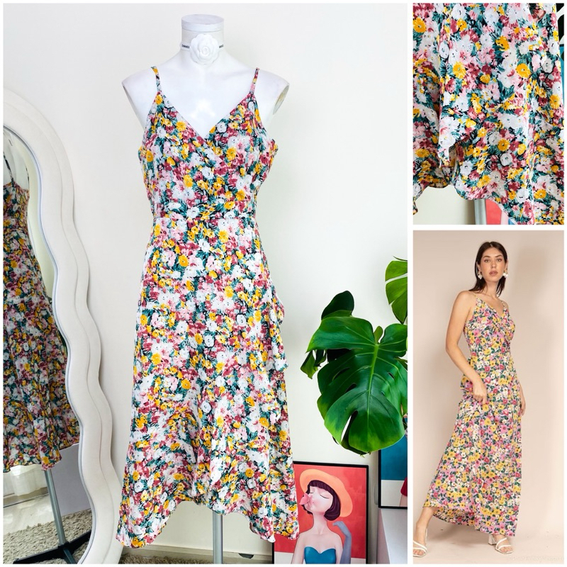 ไซด์ M เดรสยาว Maxi dress ผ้าลื่น ผ้าชีฟอง ชายระบาย ลายดอกไม้ ใส่ออกงาน ทรงเข้ารูป เดรสออกงาน ชุดปาร์ตี้