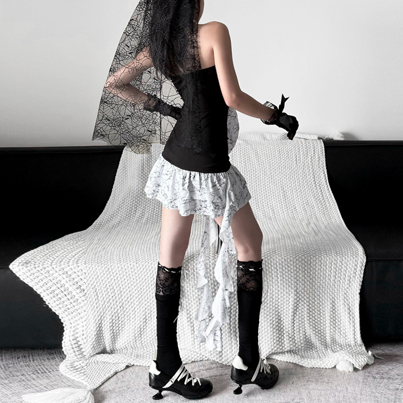 ชุดเดรสเกาะอก ดำ ถักหน้า ฮาโลวีน พร้อมส่งในไทย