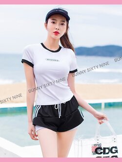 ชุดเซท กีฬา ชุดว่ายน้ำ เสื้อสีขาว+กางเกงสีดำ SW084