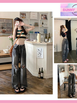 กางเกงขายาว ยีนส์ แต่งขาด ปรับเอวได้ รหัส Y002