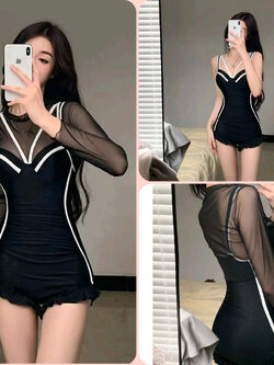 ชุดว่ายน้ำ วันพีช+เสื้อคลุมซีทรู สีดำ SW083