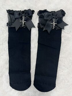 【玫瑰救赎】哥特地雷系黑色白蓝蝴蝶结十字架中筒袜小腿袜短袜子