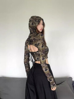 เสื้อครอป ทหาร มีฮู้ด สไตล์เกาหลี รหัส CN029 พร้อมส่ง