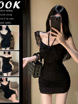 ชุดเดรสสั้น เเขนลูกไม้ กากเพชร เข้ารูป รหัส CN2372 พร้อมส่งด่วนในไทย