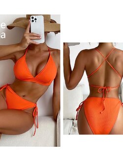 ชุดบิกินี่ สายฝอ เขียวมะนาว สีส้มจี๊ด