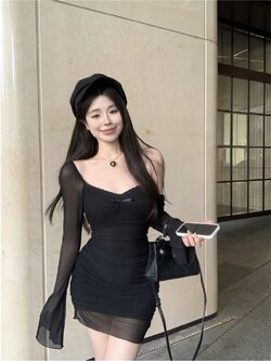 เดรส แขนกระดิ่งซีทรู มีซับใน สีดำ Sz.Xs-S พร้อมส่ง CN2395