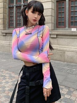 เสื้อครอป แขนยาว ซีทรู พาสเทล รหัส EDM002