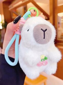 卡皮巴拉钥匙扣樱桃花毛绒土拨鼠公仔书包配饰粉白色情侣款式礼品