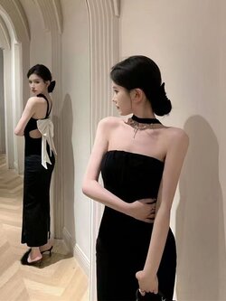 เดรสดำยาว โบว์หลัง รหัส CN2475