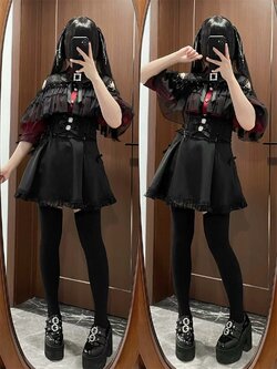 升中味 / 地雷系量产型原创日系 罩纱千金大小姐露肩斗篷短袖衬衫