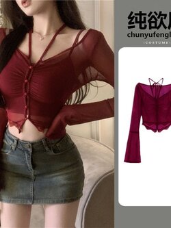 เสื้อครอปแขนยาว ซีทรู ผ้าชีฟอง สีแดงเลือด CN2452