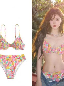 ชุดเที่ยวทะเล ชุดว่ายน้ำ บิกินี่ ฤดูร้อนลายดอกไม้บิกินี่ดันทรง พร้อมส่งในไทย SW060