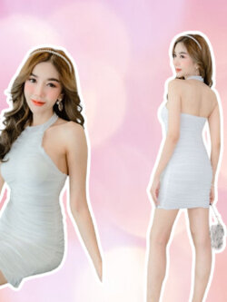 #สีน้ำเงิน เดรสคล้องคอ เสริมฟองน้ำ ชุดPR ชุดปาร์ตี้ D494