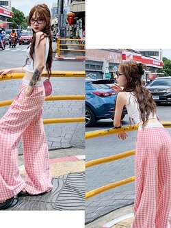 กางเกงขายาว ทรงกระบอก ตารางขาว-ชมพู CN24310