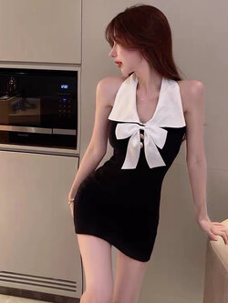 ชุดเดรสกระโปรงสั้น แขนกุด เซ็กซี่ ประดับโบว์ ขนาดเล็ก สีดํา สําหรับผู้หญิง CN6044