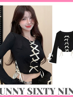 เสื้อครอป สีดำ ซีทรู โบว์หน้า ถักข้าง CN099