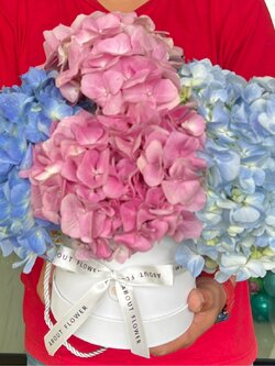 Fresh Flower Box กล่องดอกไฮเดรนเยีย โทนฟ้า-ชมพู จำนวน 3 ดอก พร้อมตกแต่ง สามารถเปลี่ยนสีได้