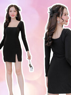 ชุดเดรสดำ แขนยาว เสริมฟองน้ำ ชุดPR ชุดปาร์ตี้ D443