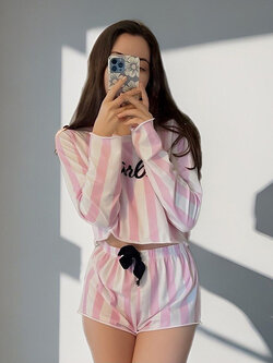 ชุดนอน เซท แขนยาว ขาว-ชม SL062