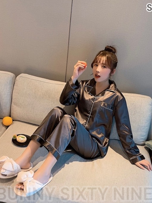 ชุดนอน ซาติน เสื้อแขนยาว+กางเกงขายาว พร้อมส่ง