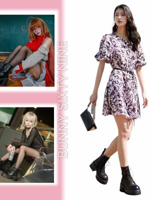 รองเท้าบูท ดำ/เบจ ถักเชื่อก ส้นสูง 3 นิ้ว พร้อมส่งในไทย