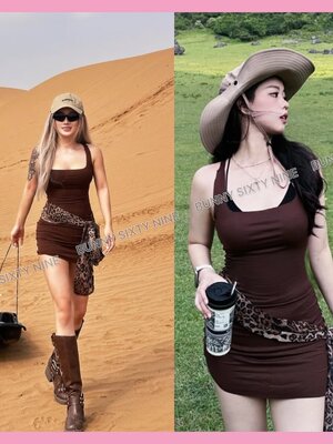 เดรสเข้ารูป น้ำตาล คาวบอย สายผูกเอว CN2938 พร้อมส่งในไทย