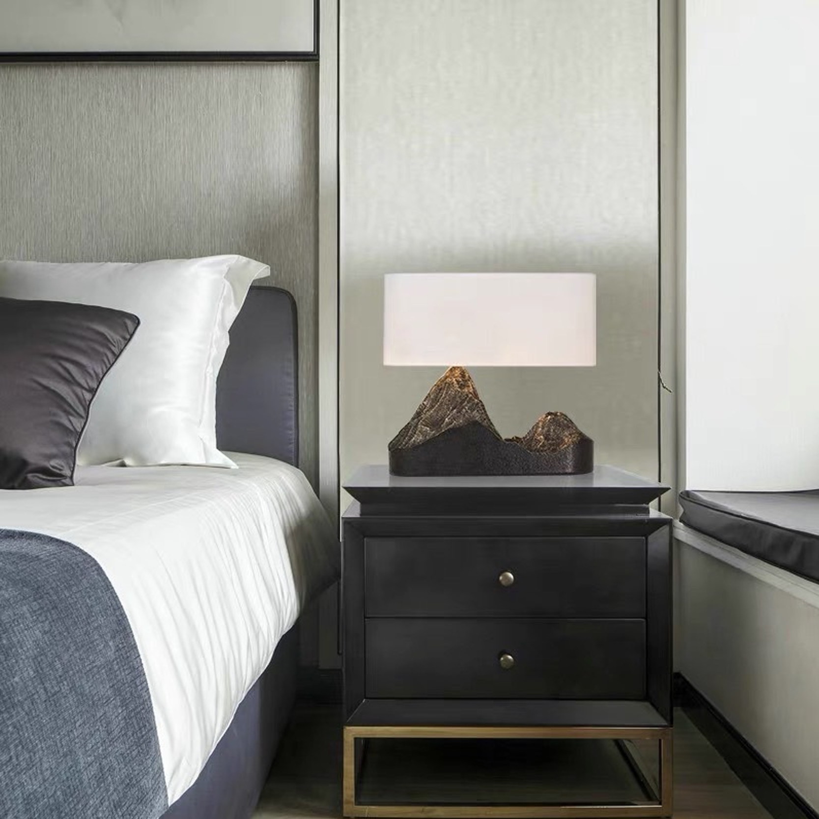 โคมไฟตั้งโต๊ะ สไตล์นอร์ดิก Nordic style table lamp Resin + Fabric LED E27x1 IP20