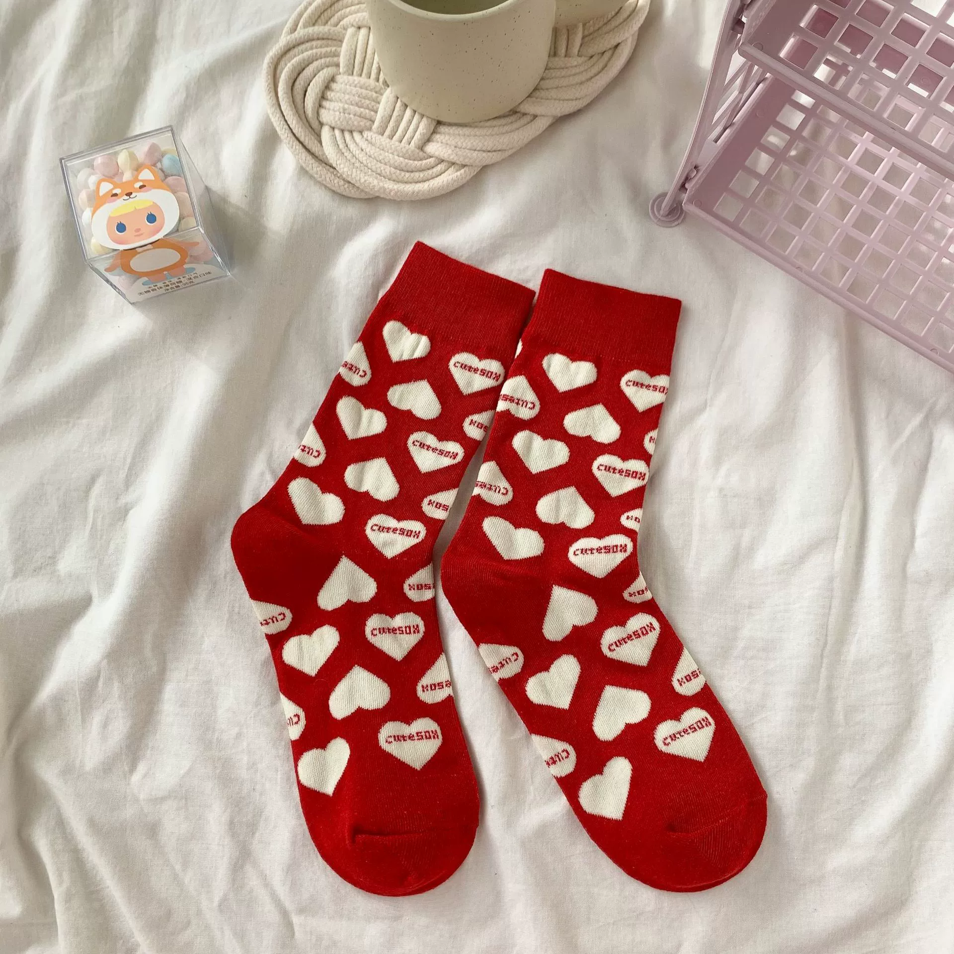 ถุงเท้าสไตล์เกาหลี ลายหัวใจ ผ้านิ่ม