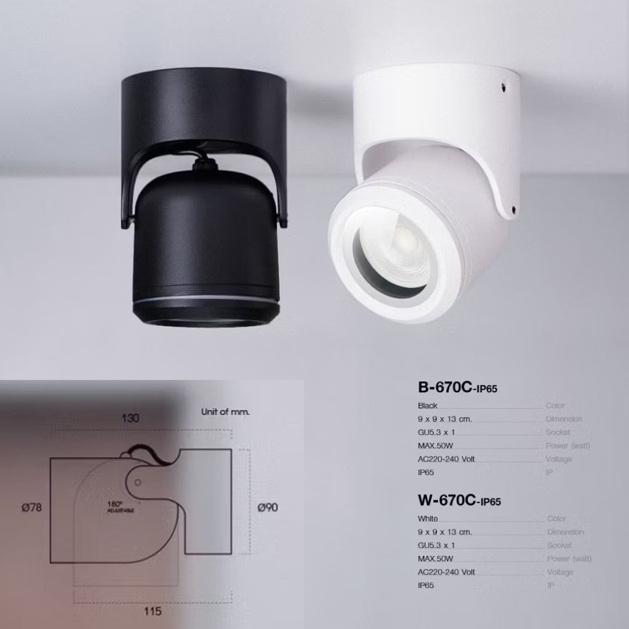 โคมไฟแทรคไลท์ติดลอยกันน้ำ Surface Mounted Track light Adjustable Aluminum + Glass GU5.3 IP65 Waterproof