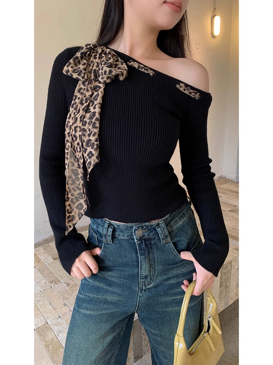 เสื้อแขนยาว ไหมพรม แต่งผ้าลายเสือ ผ้านิ่มยืด รหัส CN2087