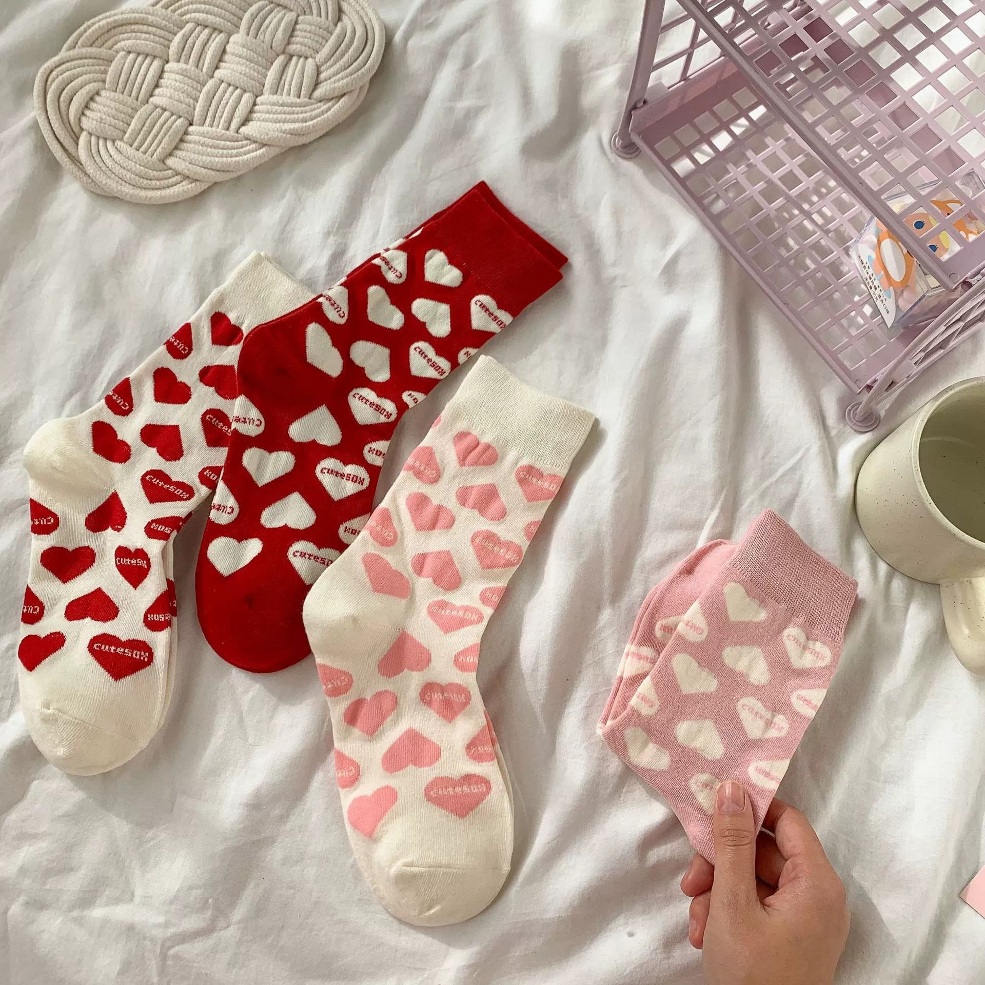 ถุงเท้าสไตล์เกาหลี ลายหัวใจ ผ้านิ่ม