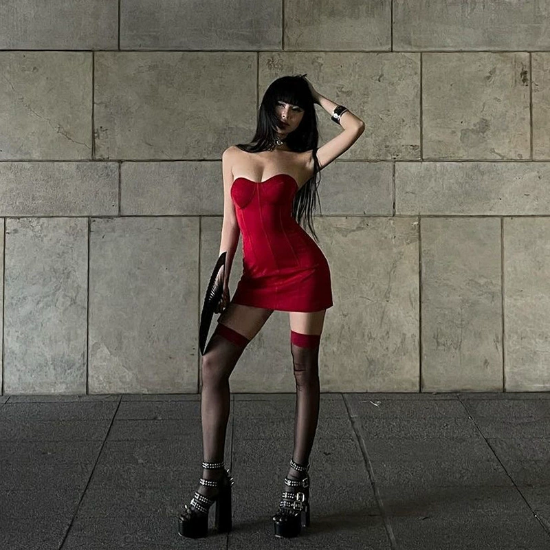 ชุเดรส เกาะอก แดง สายฝอ เซ็กซี่ รหัส CN56134