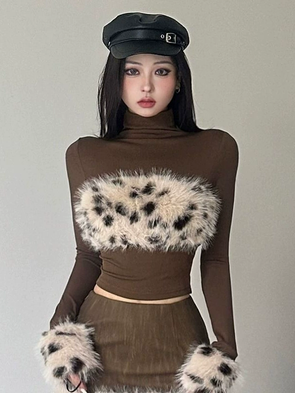 เสื้อแขนยาวแต่งขนฟริ้ง ลายเสือดาว สุดเก๋ รหัส CN1664