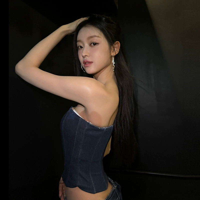 เสื้อเกาะอก ครอปสียีนส์ ถักหน้า รหัส CN57388