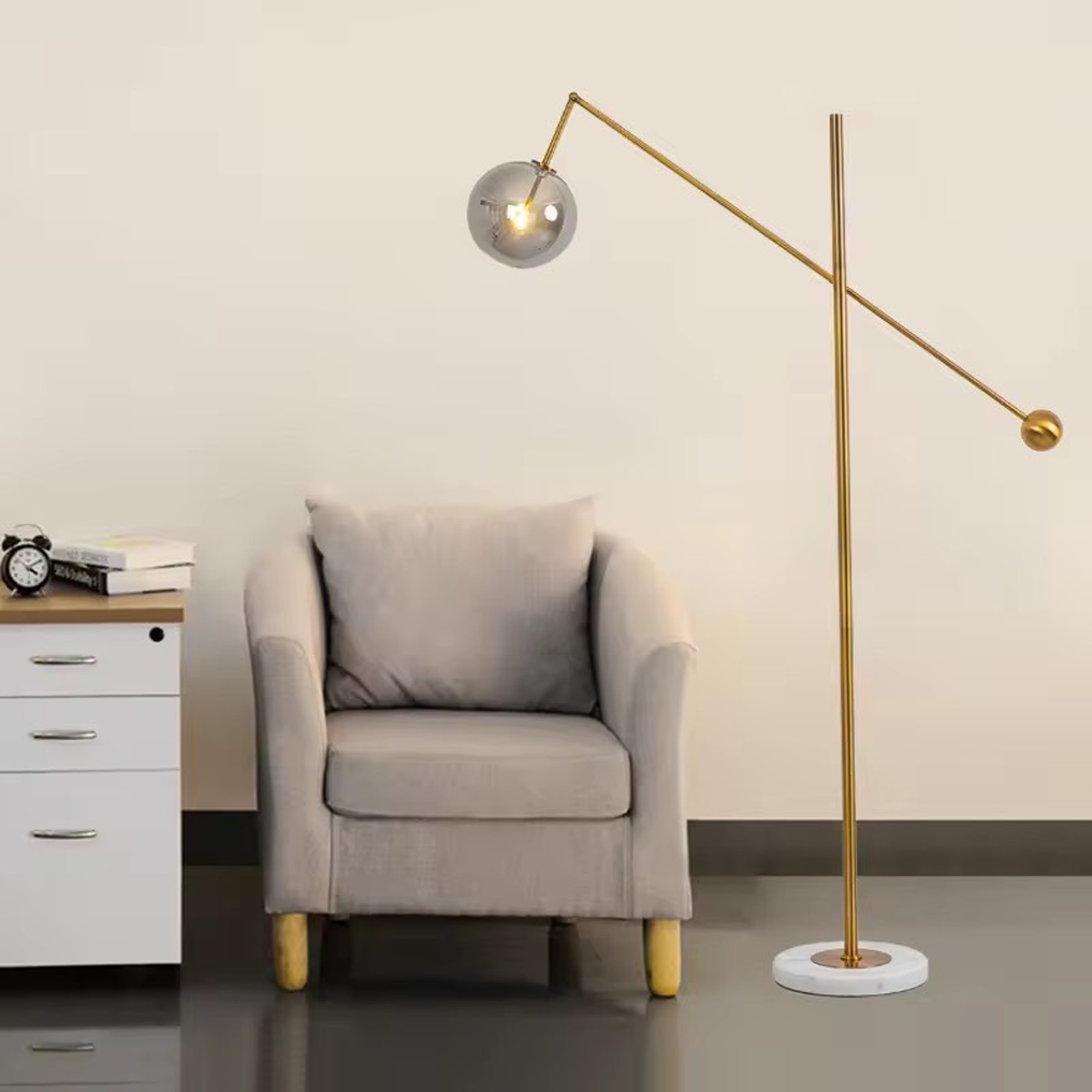 โคมไฟตั้งพื้น Floor lamp Marble + Iron+ Glass สไตล์ Balance Arm ทรงโมเดิร์น ฐานหินอ่อน หัวโคมแก้วกลม