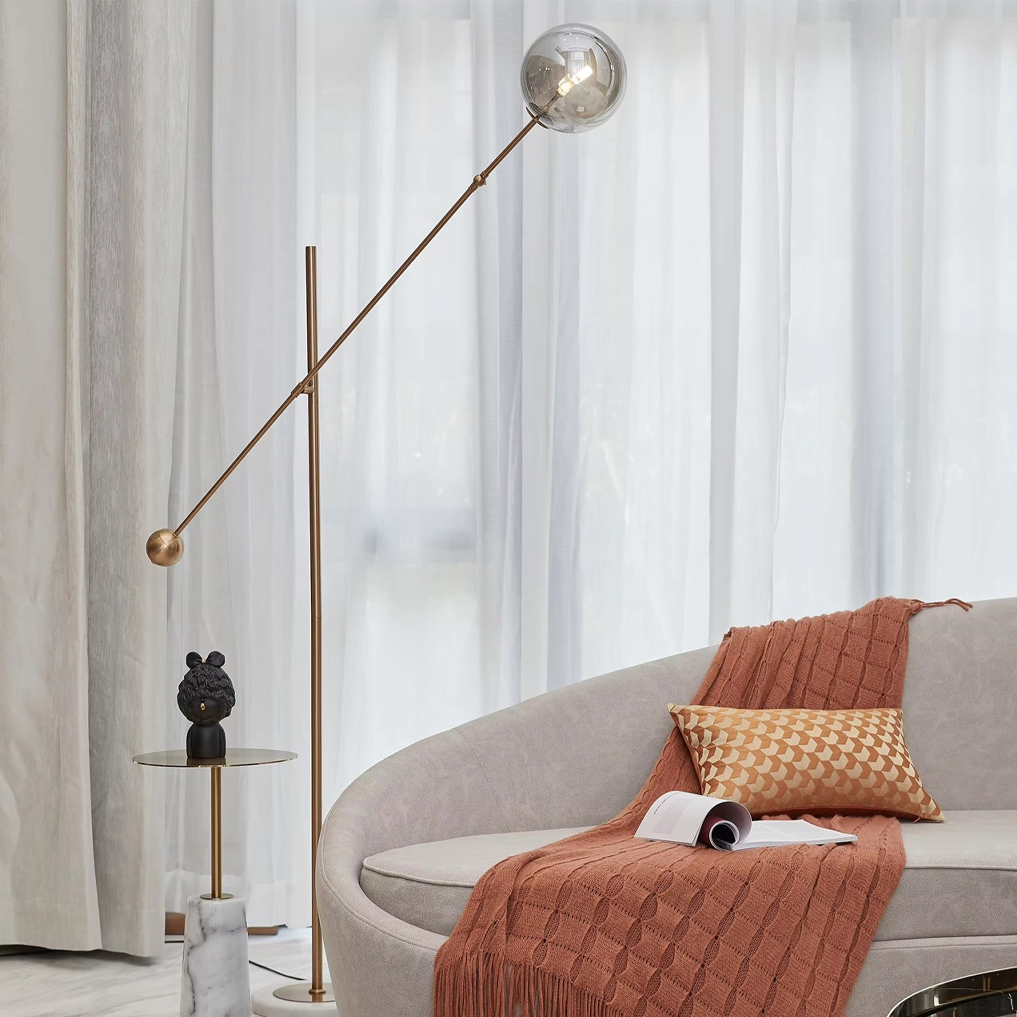 โคมไฟตั้งพื้น Floor lamp Marble + Iron+ Glass สไตล์ Balance Arm ทรงโมเดิร์น ฐานหินอ่อน หัวโคมแก้วกลม