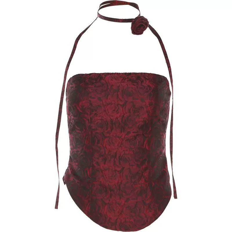 เสื้อเกาะอก ลายดอกกุหลาบ แถมโชคเกอร์คอ รหัส CN2692